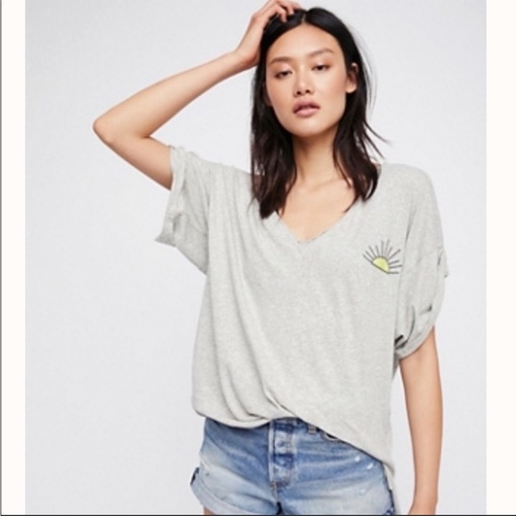 Free People Tops - Free People Gray Short Sleeve Tee With Embroidered detail size XS